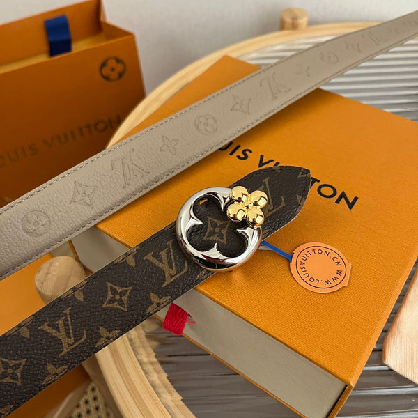 Cintura reversibile LV Flowergram Round 30mm in pelle di vitello grigio marrone ricamata