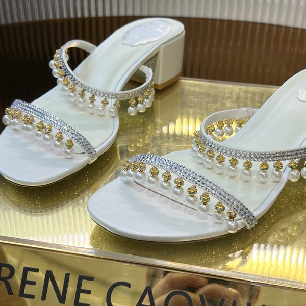 RC Gold Buckle Pearl Crystal Lamp Pendant Sandals 4.5 White Sheepskin 175008