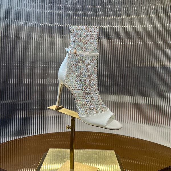 RC 25C High Heel Short Boots Mid-Tube Open-Toe Sandals White Sheepskin 174969