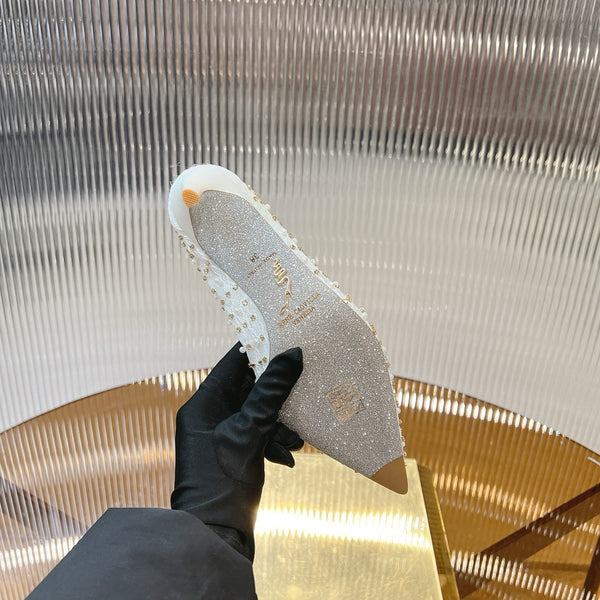 RC Scarpin Shoe 7.5cm White Rhinestone Sheepskin 281987