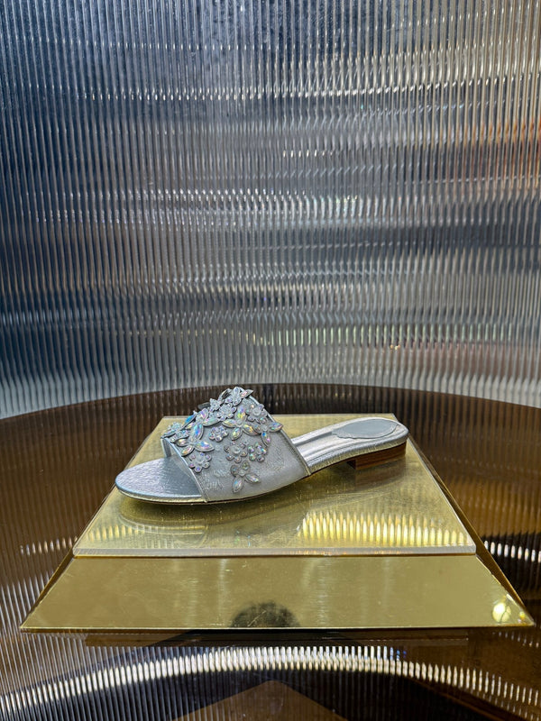 RC 25C Butterfly Flower Flat Sandals Slippers Sliver Sheepskin Rhinestone 275770