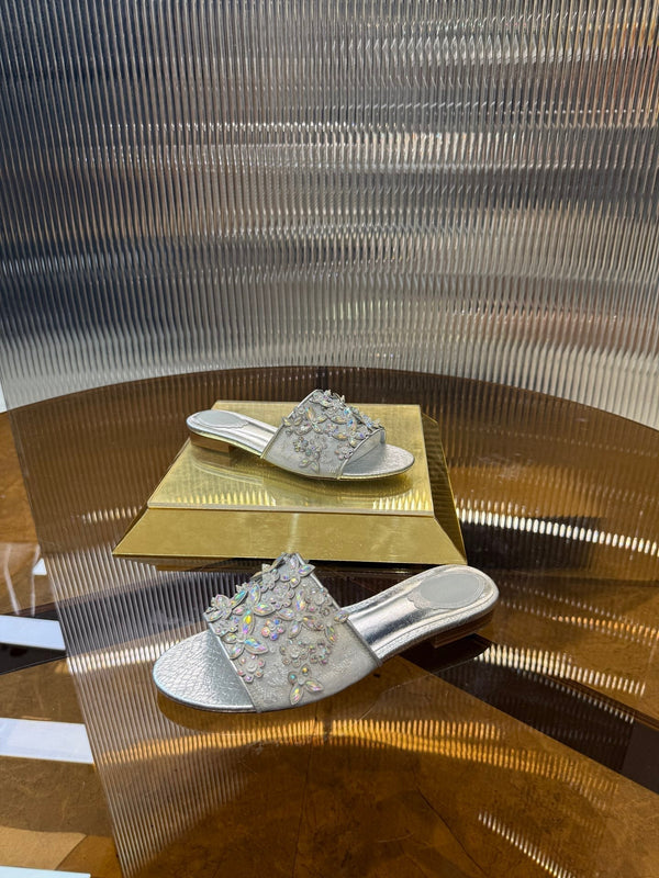 RC 25C Butterfly Flower Flat Sandals Slippers Sliver Sheepskin Rhinestone 275770