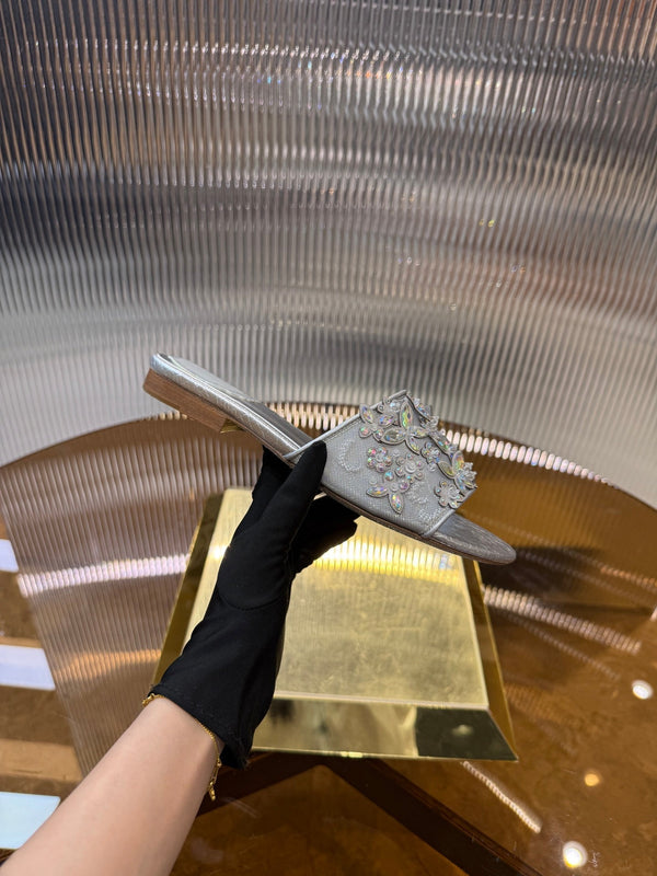 RC 25C Butterfly Flower Flat Sandals Slippers Sliver Sheepskin Rhinestone 275770