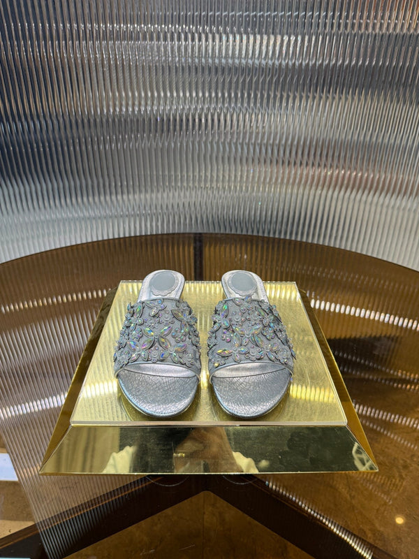 RC 25C Butterfly Flower Flat Sandals Slippers Sliver Sheepskin Rhinestone 275770