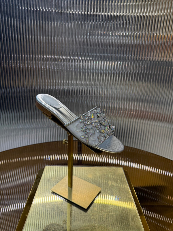 RC 25C Butterfly Flower Flat Sandals Slippers Sliver Sheepskin Rhinestone 275770