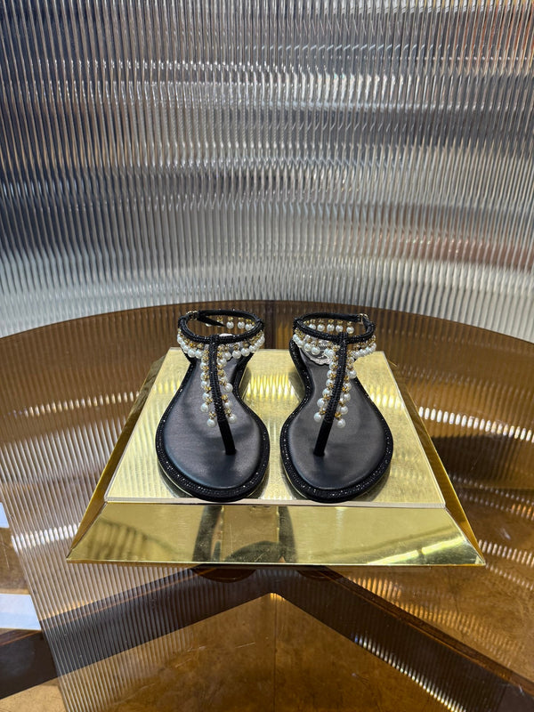 RC 25C Thong Diamond Flat Sandals Black Silk Rhinestone 275773