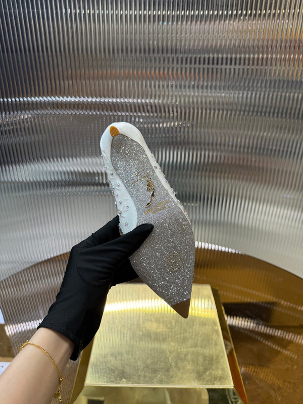 RC 25C Crystal Pearl Gem Lace High Heels White Sheepskin 275753