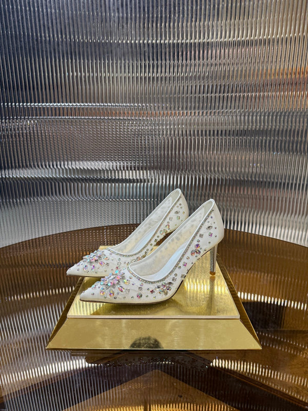 RC 25C Crystal Pearl Gem Lace High Heels White Sheepskin 275753