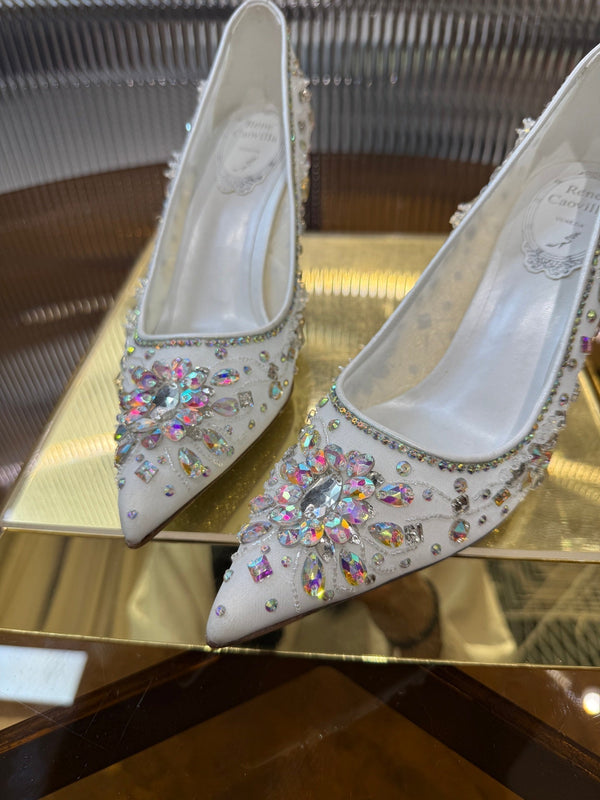 RC 25C Crystal Pearl Gem Lace High Heels White Sheepskin 275753