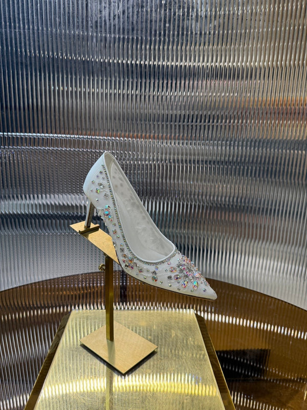 RC 25C Crystal Pearl Gem Lace High Heels White Sheepskin 275753