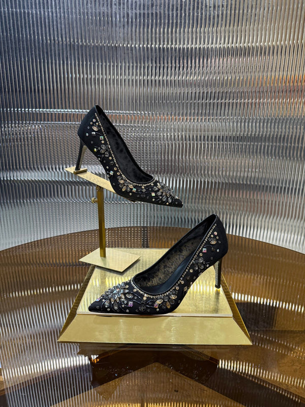 RC 25C Crystal Pearl Gem Lace High Heels Black Sheepskin 275754