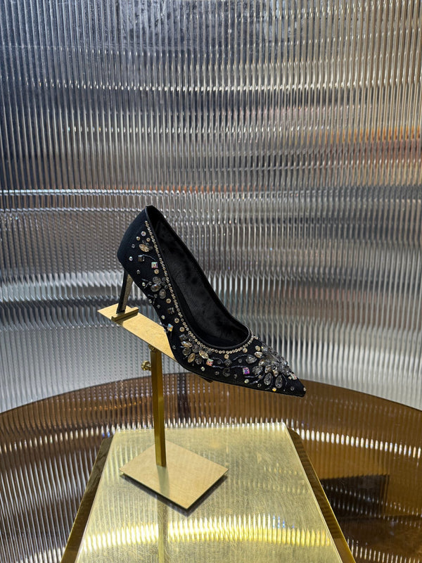 RC 25C Crystal Pearl Gem Lace High Heels Black Sheepskin 275754