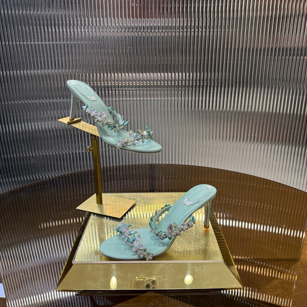 RC 25C Butterfly Flower Slippers Green Sheepskin Rhinestones 310657