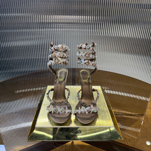 RC 25C Butterfly Flower Sandals Brown Sheepskin Rhinestones 310660