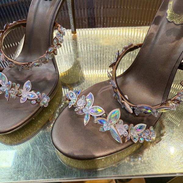 RC 25C Butterfly Flower Sandals Brown Sheepskin Rhinestones 310660