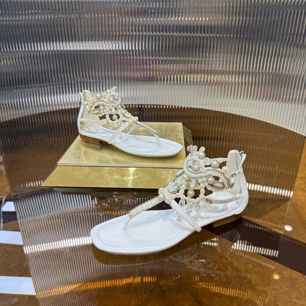 RC 25C Thong Diamond Sandals Pearl White Sheepskin Rhinestone 339504