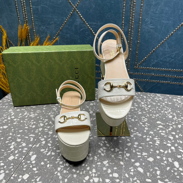 GG  HORSEBIT FLATFORM SANDAL GLOSSY WHITE CALFSKIN