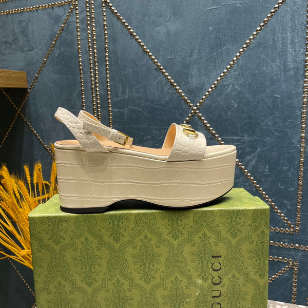 GG  HORSEBIT FLATFORM SANDAL GLOSSY WHITE CALFSKIN