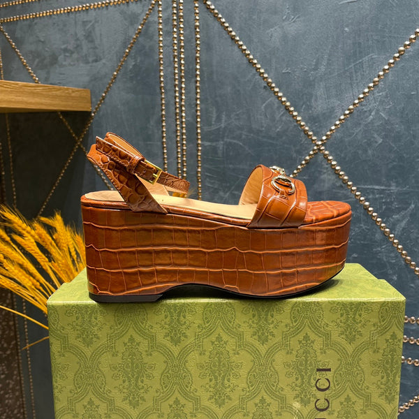 GG  HORSEBIT FLATFORM SANDAL CARAMEL CALFSKIN