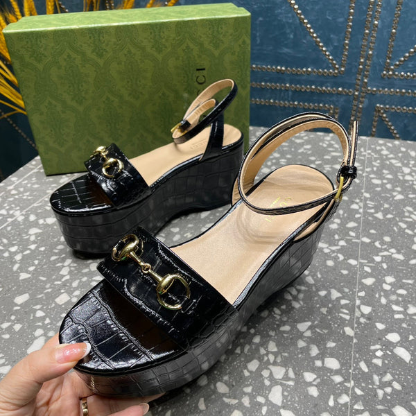 GG  HORSEBIT FLATFORM SANDAL GLOSSY BLACK CALFSKIN