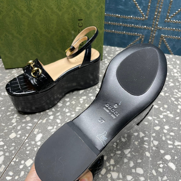 GG  HORSEBIT FLATFORM SANDAL GLOSSY BLACK CALFSKIN