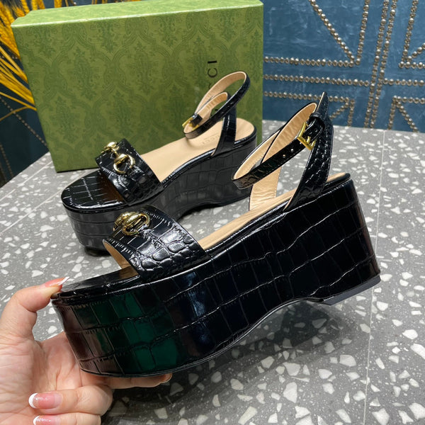 GG  HORSEBIT FLATFORM SANDAL GLOSSY BLACK CALFSKIN