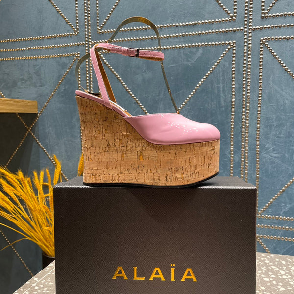 ALAIA WEDGE PUMP 15 CM IN NEON PINK LAMBSKIN AND BEIGE RUBBER