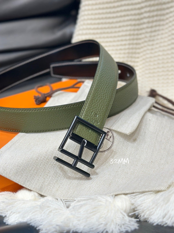 HM NATHAN REVERSIBLE BELT  32MM OLIVE GREEN AND BLACK LEATHER BLACK HARDWARE