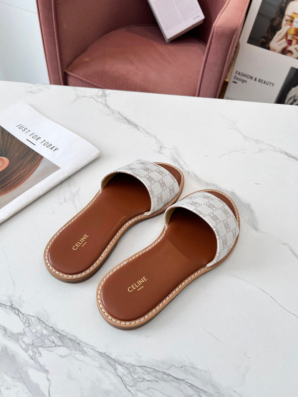 Celine 25C Slippers White Monagram Silk with Calfskin 238145