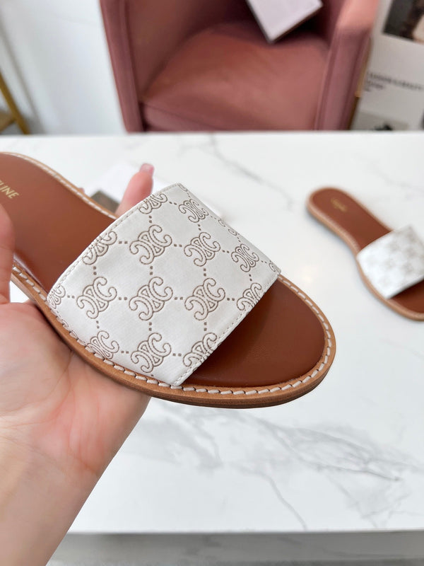 Celine 25C Slippers White Monagram Silk with Calfskin 238145