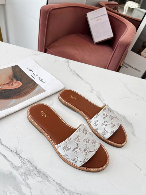 Celine 25C Slippers White Monagram Silk with Calfskin 238145