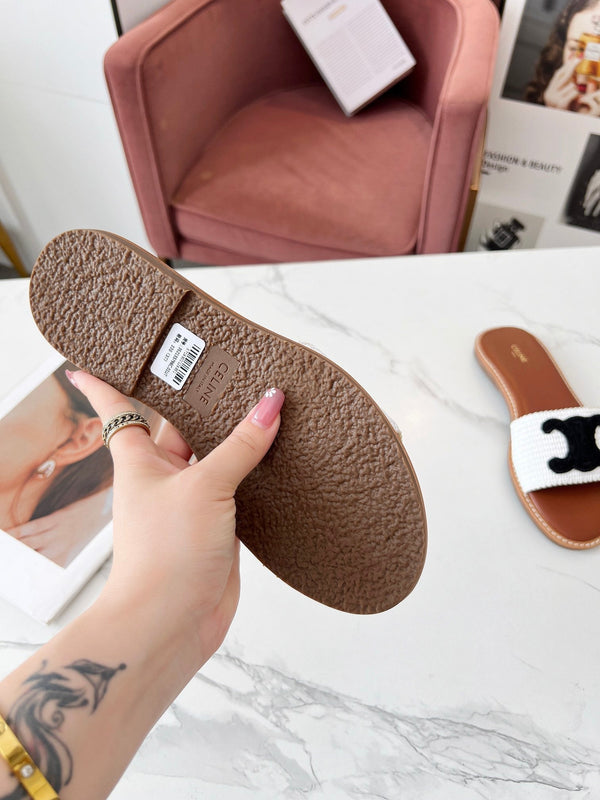 Celine 25C Slippers White mix Black Fabric with Calfskin 238150