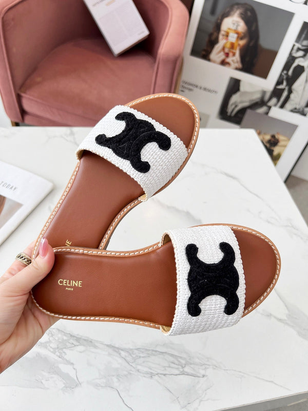 Celine 25C Slippers White mix Black Fabric with Calfskin 238150
