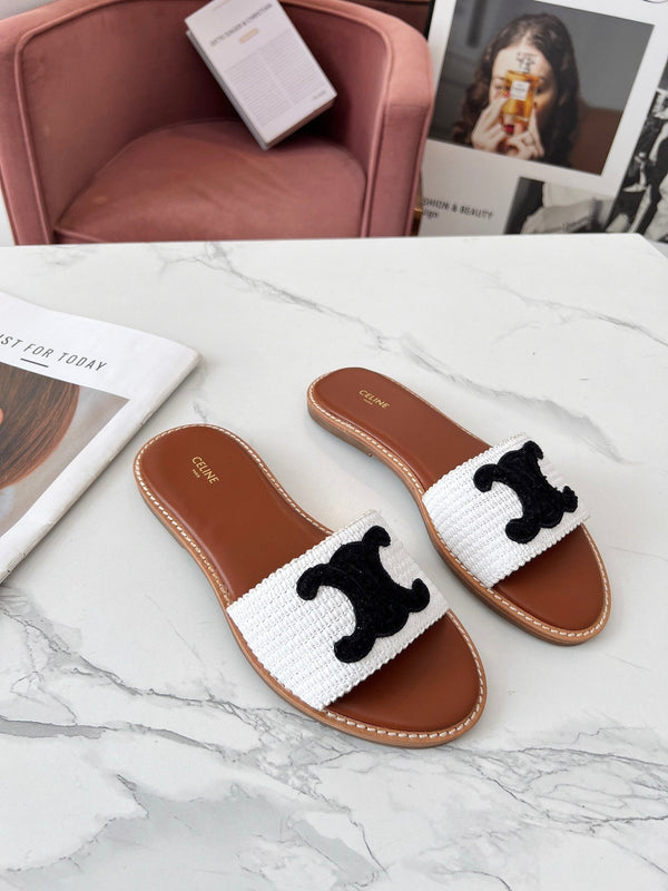 Celine 25C Slippers White mix Black Fabric with Calfskin 238150