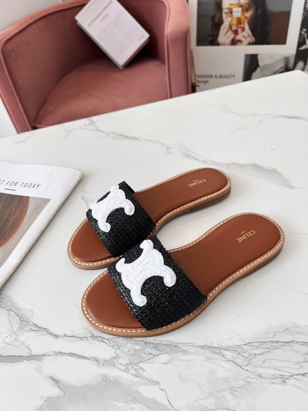 Celine 25C Slippers Black mix White Fabric with Calfskin 238151