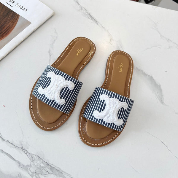 Celine 25C Slippers Navy Blue mix White Fabric with Calfskin 238166