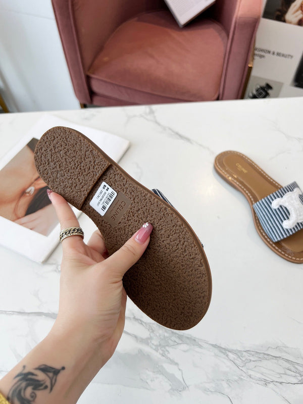 Celine 25C Slippers Navy Blue mix White Fabric with Calfskin 238166