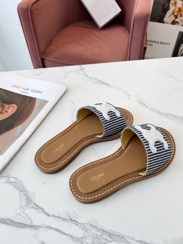 Celine 25C Slippers Navy Blue mix White Fabric with Calfskin 238166