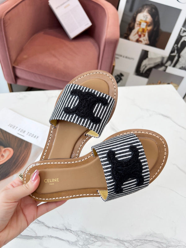 Celine 25C Slippers Black Fabric with Calfskin 238168