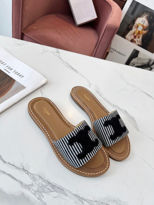 Celine 25C Slippers Black Fabric with Calfskin 238168