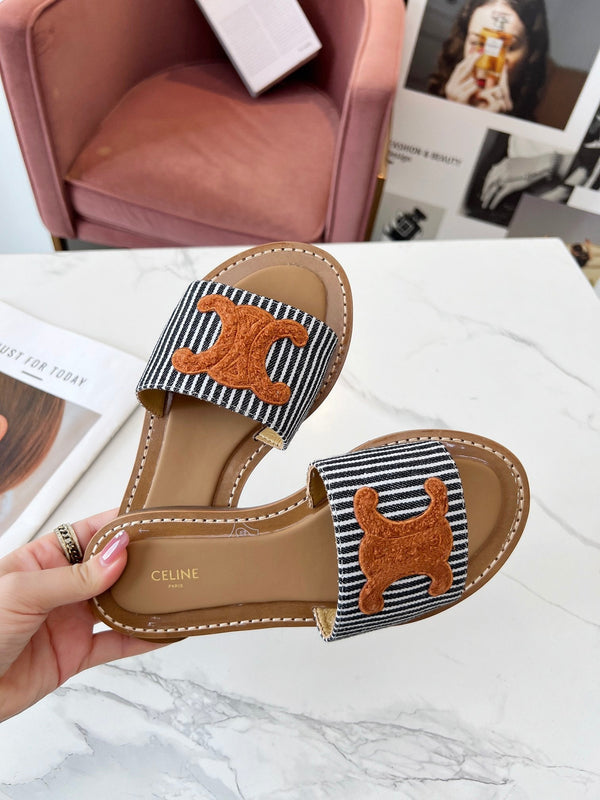 Celine 25C Slippers Black mix Orange Fabric with Calfskin 238170