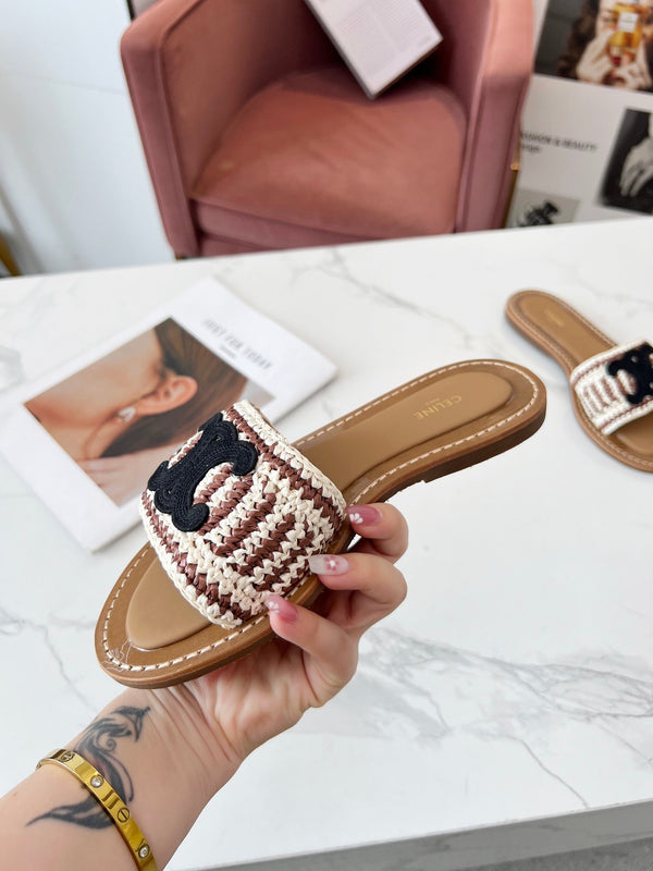 Celine 25C Slippers Beige mix Black Fabric with Calfskin 238158