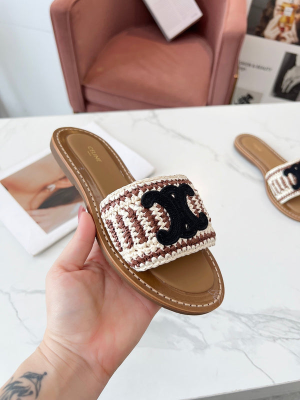 Celine 25C Slippers Beige mix Black Fabric with Calfskin 238158