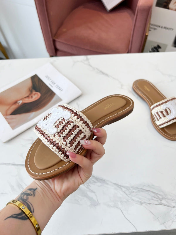 Celine 25C Slippers Beige mix Brown Fabric with Calfskin 238160