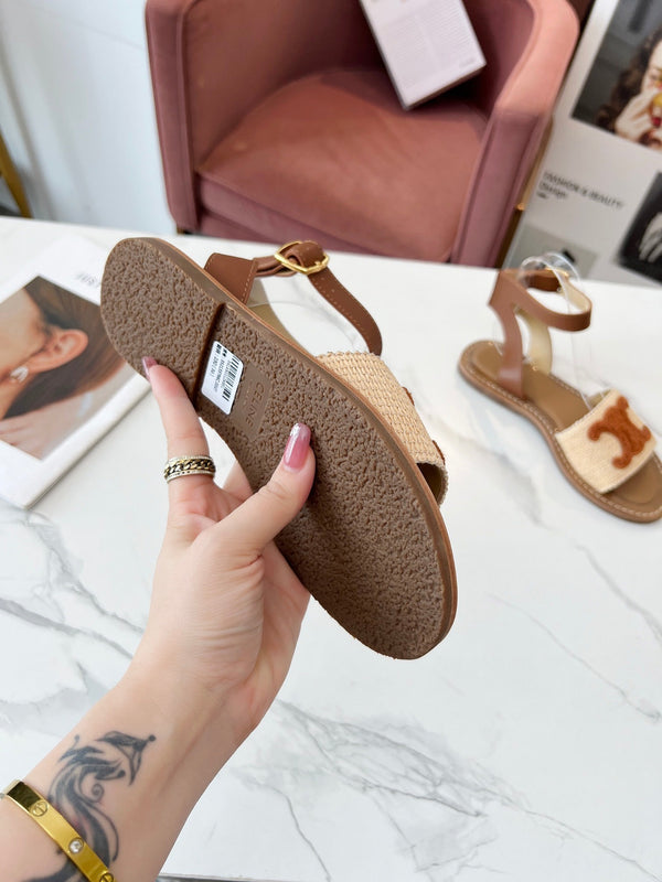 Celine 25C Lympia Sandal Beige mix Brown Fabric with Calfskin 238162