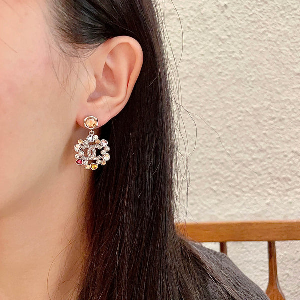 DOUBLE C STUD EARRINGS IN SILVER METAL WHITE PEARL MULTICOLOR STONES