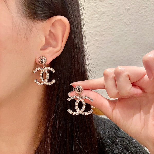 VINTAGE DOUBLE C STUD EARRINGS IN GOLD METAL FULLY EMBELLISHED CRYSTALS