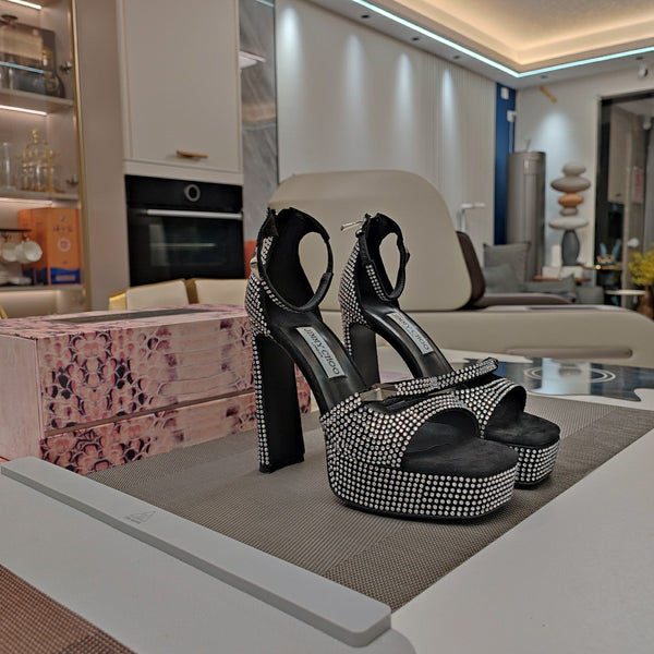 Jimmy 25 Platform Sandal Heels Black Silk Satin 240006