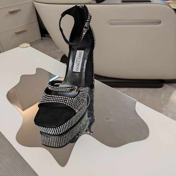 Jimmy 25 Platform Sandal Heels Black Silk Satin 240006