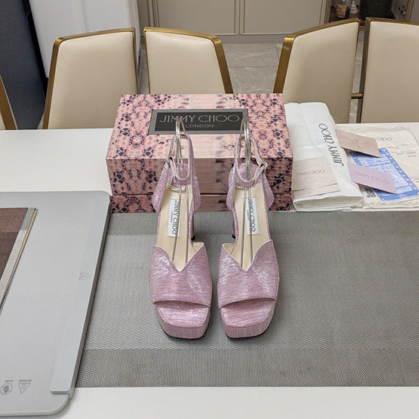 Jimmy 25 Platform Sandal Heels Lace Pink Satin Fabric 240014